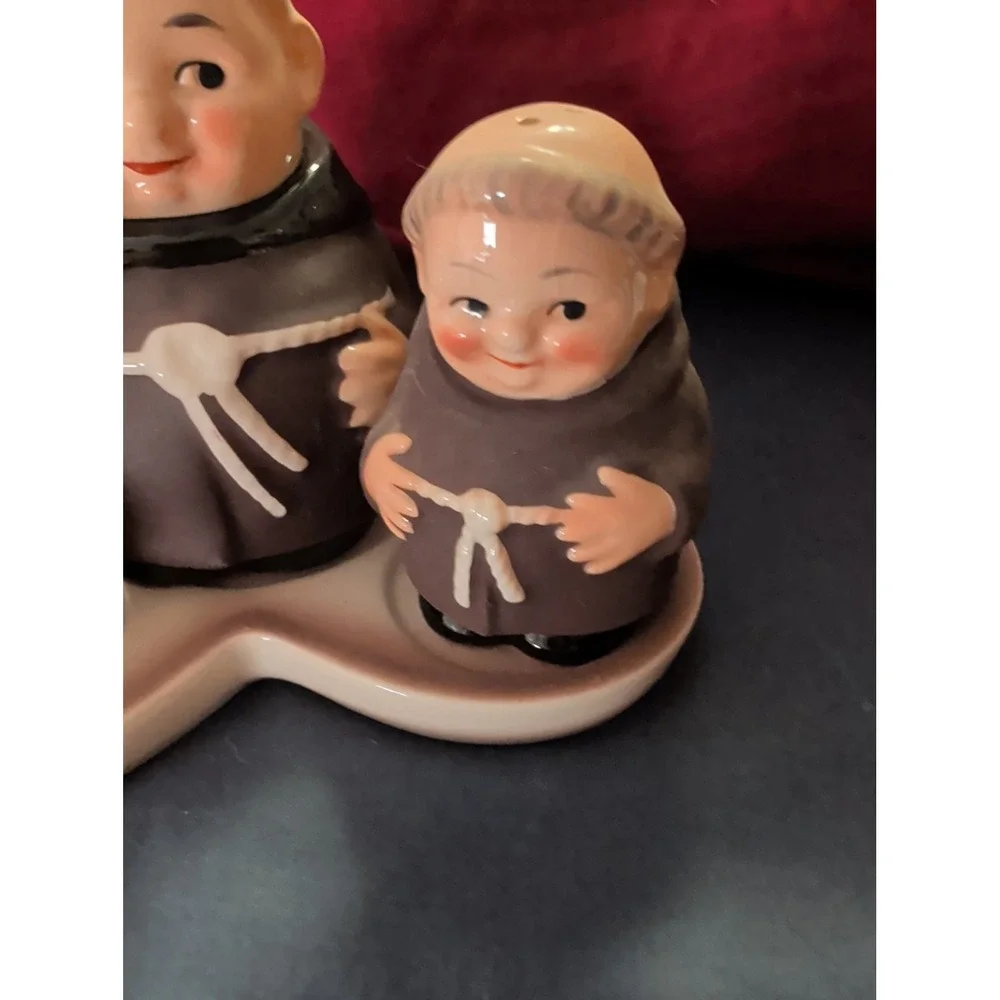 VINTAGE SALT, PEPPER, SUGAR W/ STAND COMPLETE MONK SET - WEST GERMANY Goebel.